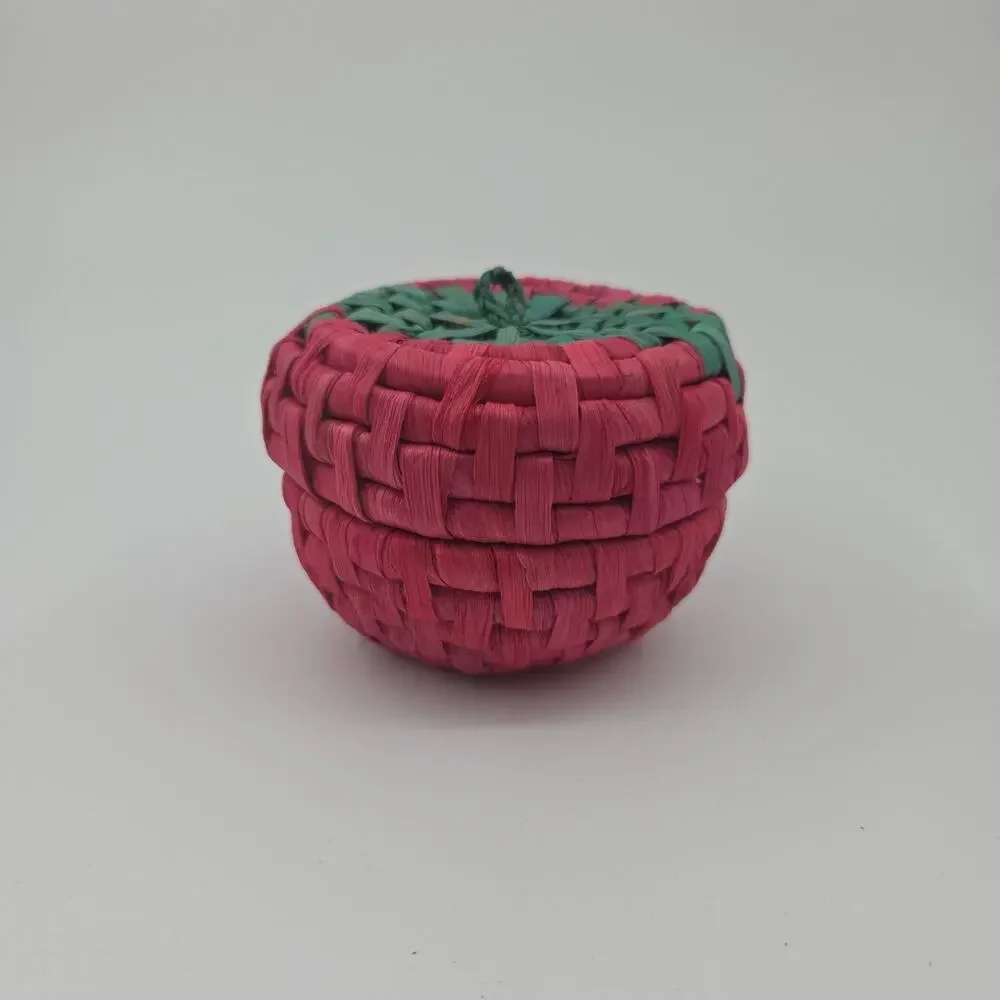Small Strawberry Basket Handwoven Lidded Trinket Box Pink Green Boho Cottagecore
